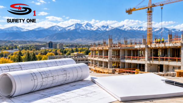 Surety One mechanic’s lien release bond: blueprints and a notepad at a Colorado construction site with snowcapped mountains
