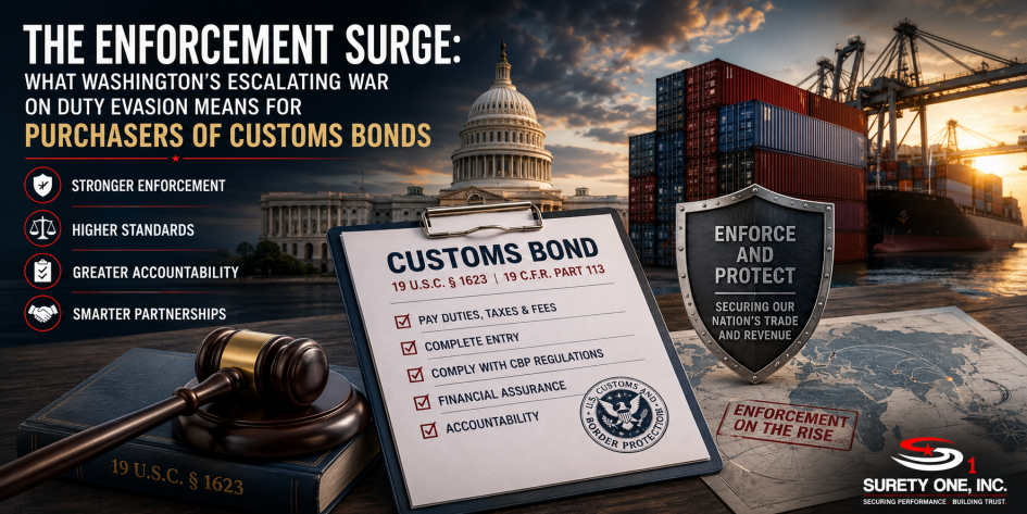 customs bond, importer bond, continuous bond, single transaction bond, CBP, duty evasion, tariff evasion, trade fraud, EAPA, False Claims Act, importer of record, Surety One, C. Constantin Poindexter
