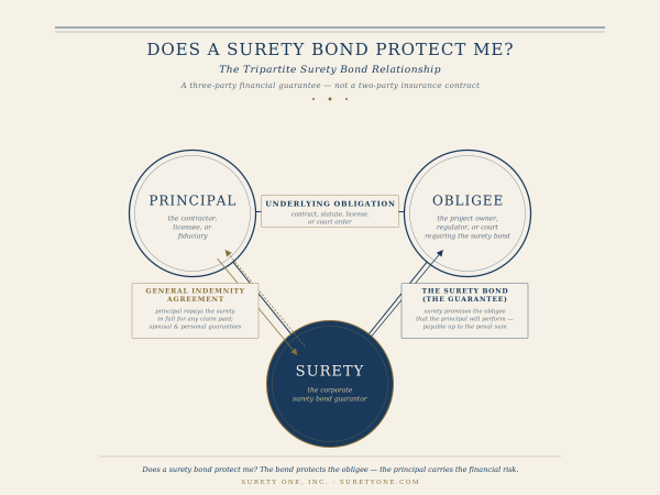 surety bond, does a surety bond protect me, tripartite surety bond, principal obligee surety, General Indemnity Agreement, contract surety, commercial surety, Surety One Inc, indemnity; surety bond; principal obligee surety; General Indemnity Agreement; contract surety; commercial surety; Surety One Inc;