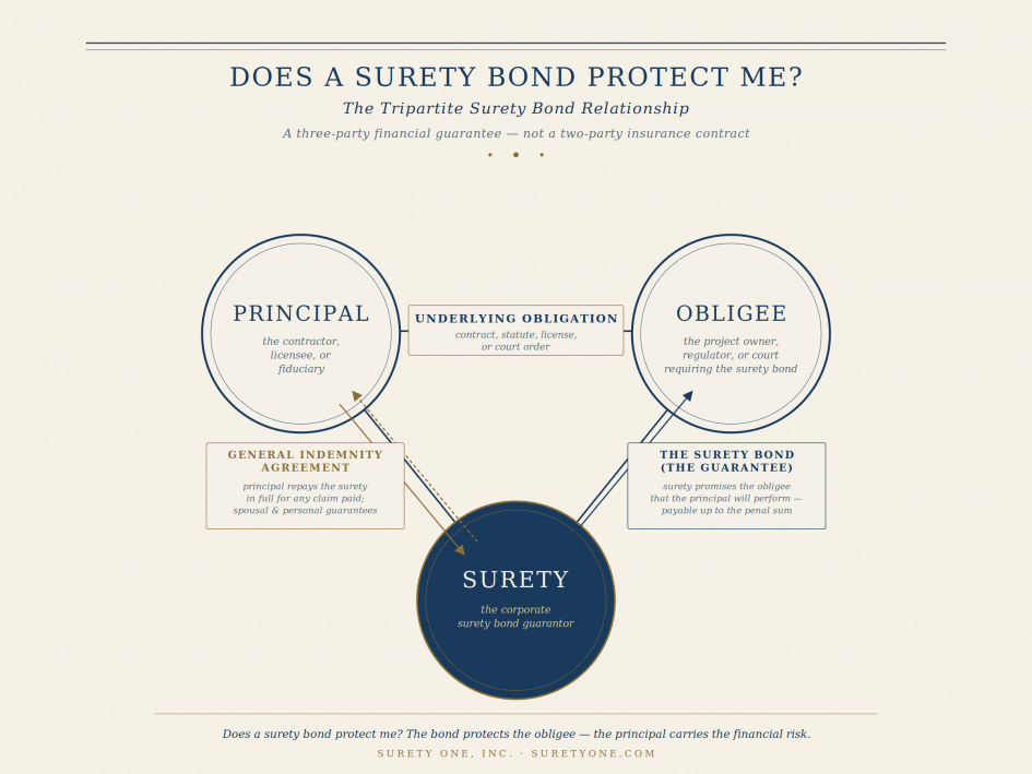 surety bond, does a surety bond protect me, tripartite surety bond, principal obligee surety, General Indemnity Agreement, contract surety, commercial surety, Surety One Inc, indemnity; surety bond; principal obligee surety; General Indemnity Agreement; contract surety; commercial surety; Surety One Inc;