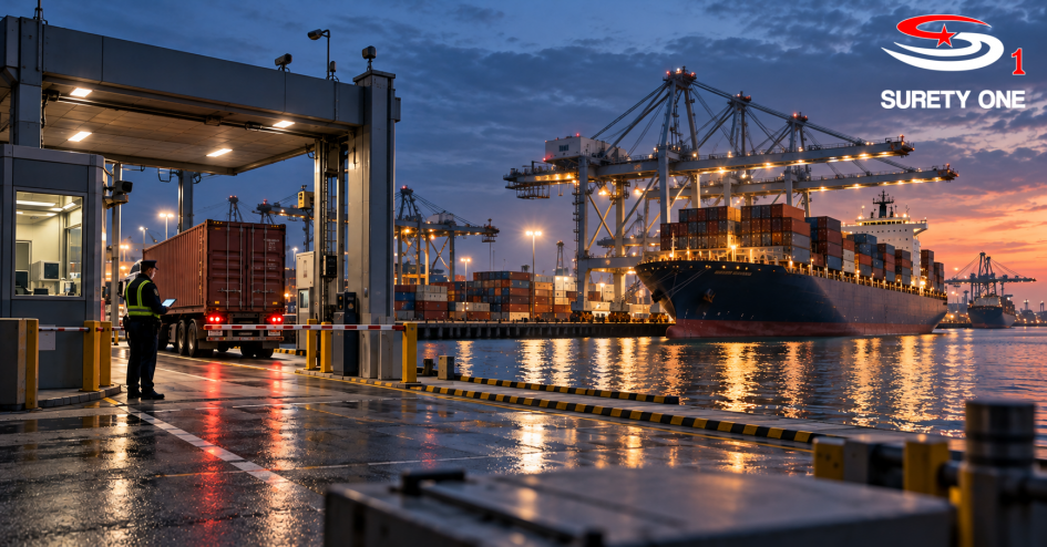 Electronic customs bonds rule changed by CBP background of ships and shipping containers by docks